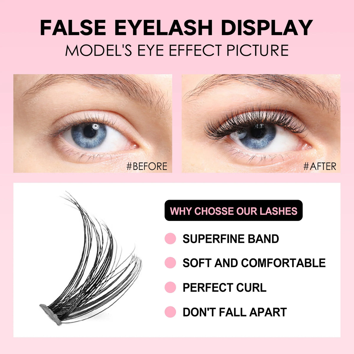 Before and after display of false eyelash extensions on a model's eye.