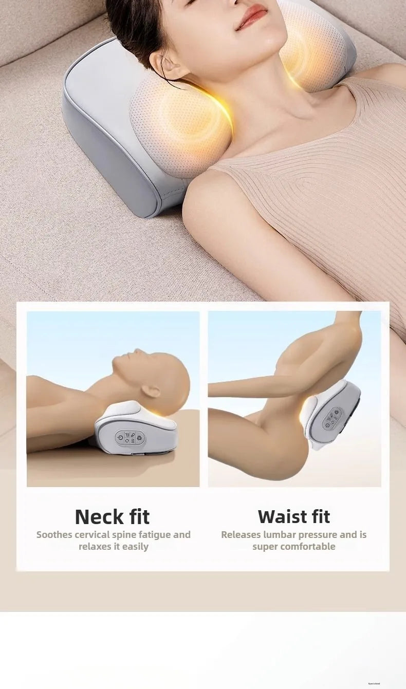 A woman is using an electric neck and waist massage pillow for relief.