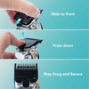 Demonstration of sliding and pressing down a replacement clipper guard onto a hair clipper.
