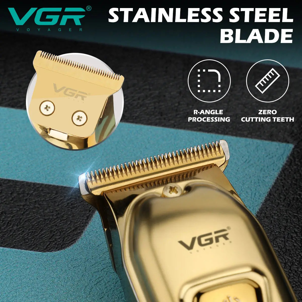 Close-up of a VGR stainless steel blade and clipper head showing R-angle processing and zero cutting teeth.