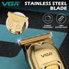A close-up view of a VGR stainless steel blade and clipper head for hair trimming.