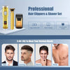 A professional set of electric hair clippers and shavers shown with various grooming applications for hair, carving, beard, a