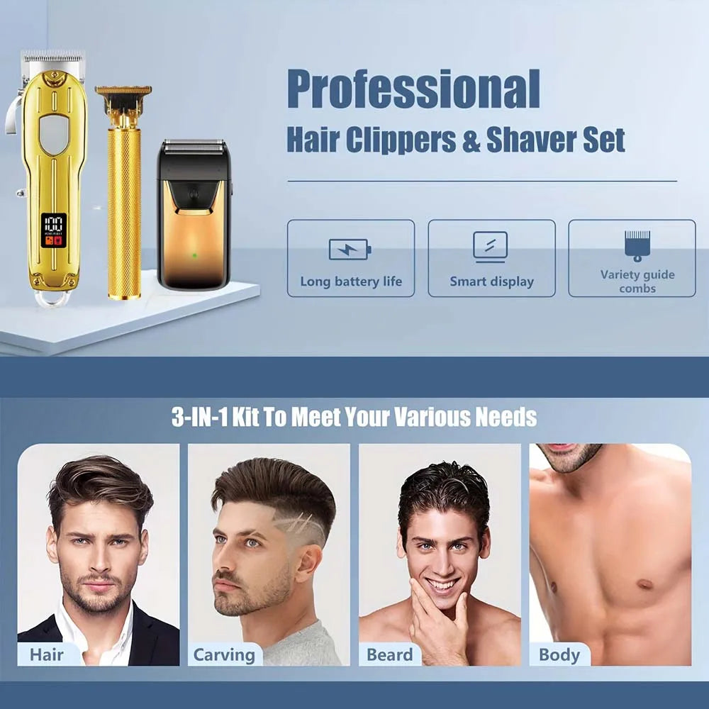 A professional set of electric hair clippers and shavers shown with various grooming applications for hair, carving, beard, a