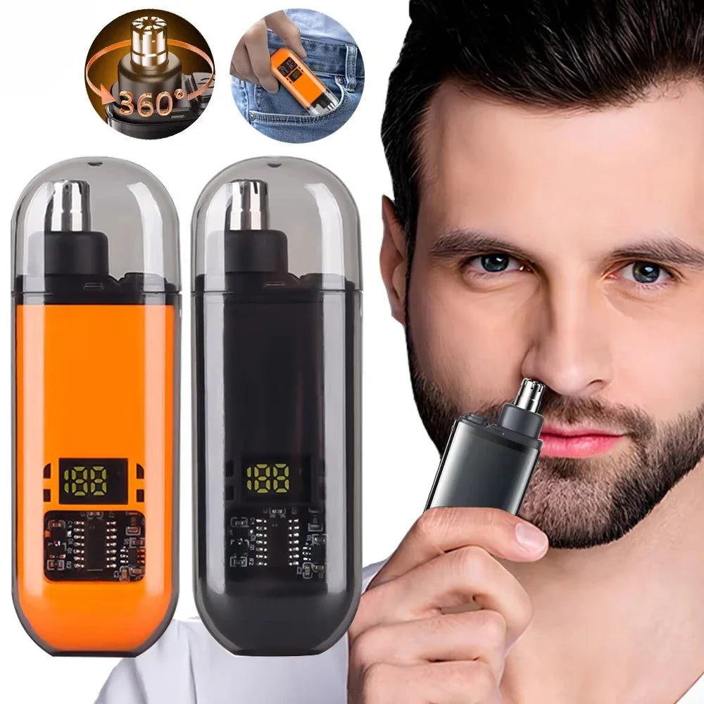 A precision nose hair trimmer shown in orange and black, with inset images demonstrating 360-degree rotation and usage.