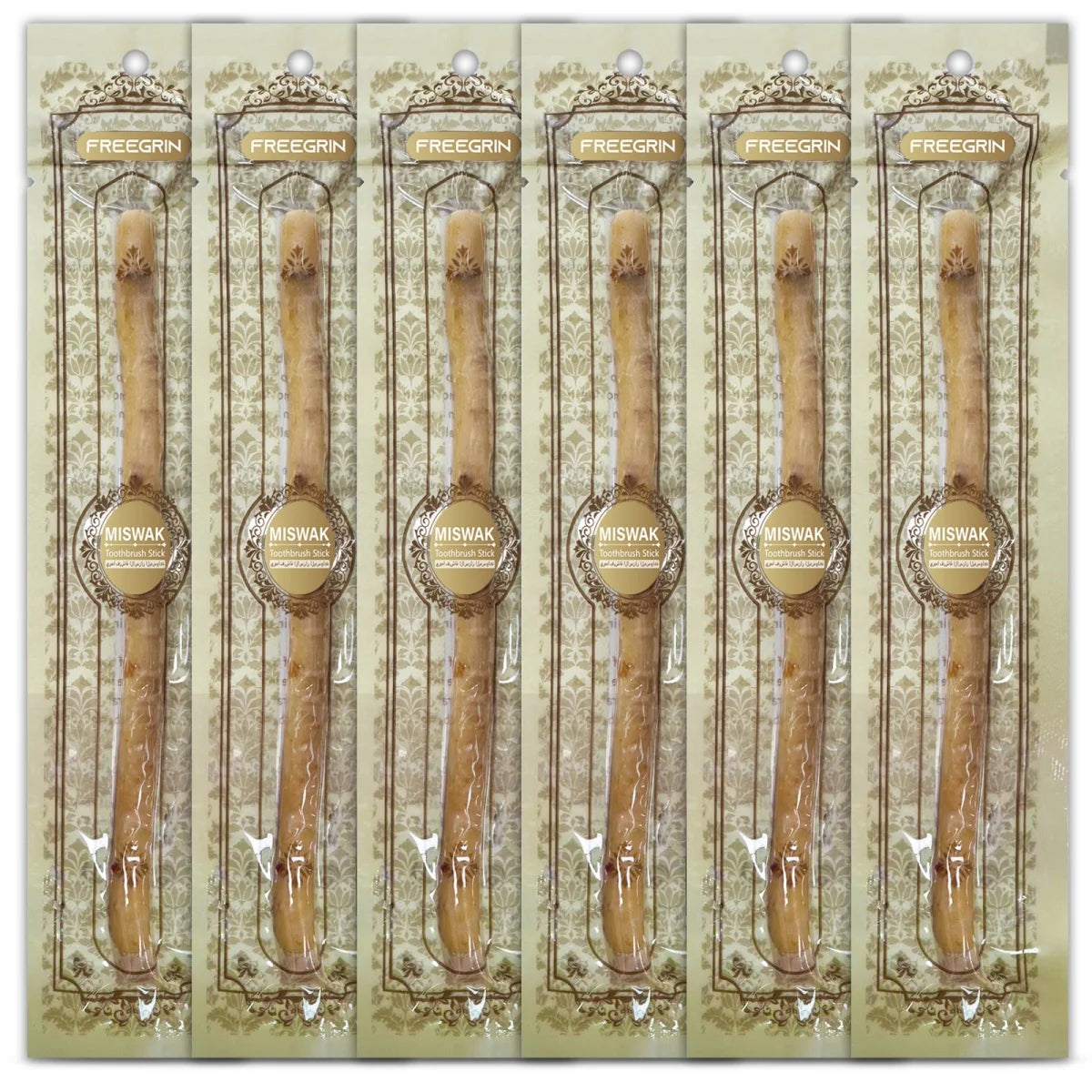 Set aus natürlichen Holzmiswak-Zahnbürsten in einzelnen klaren Kunststoffhüllen.