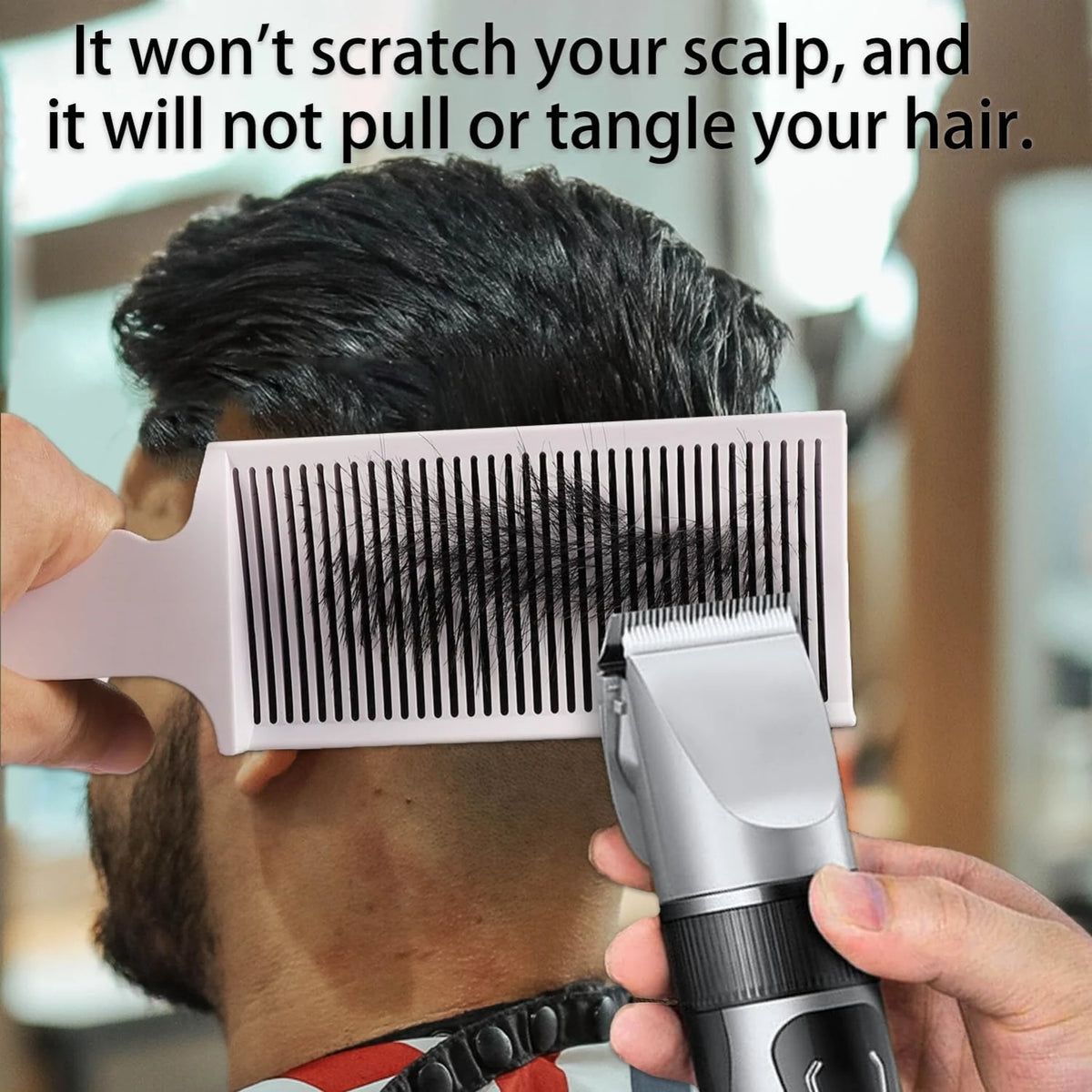 A person is using a pink flat top hair cutting comb and a silver hair dryer on their head.