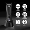 A black precision electric body and hair trimmer with various features listed around it.