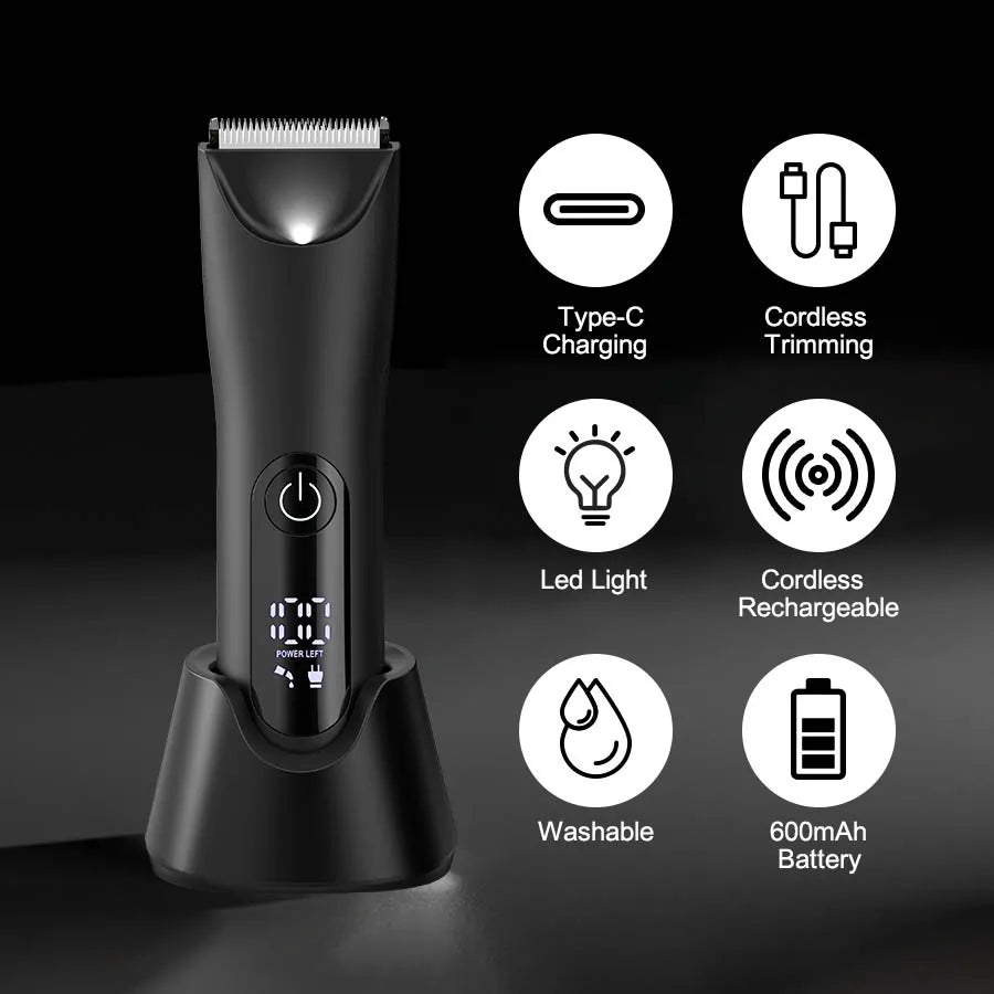 A black precision electric body and hair trimmer with various features listed around it.