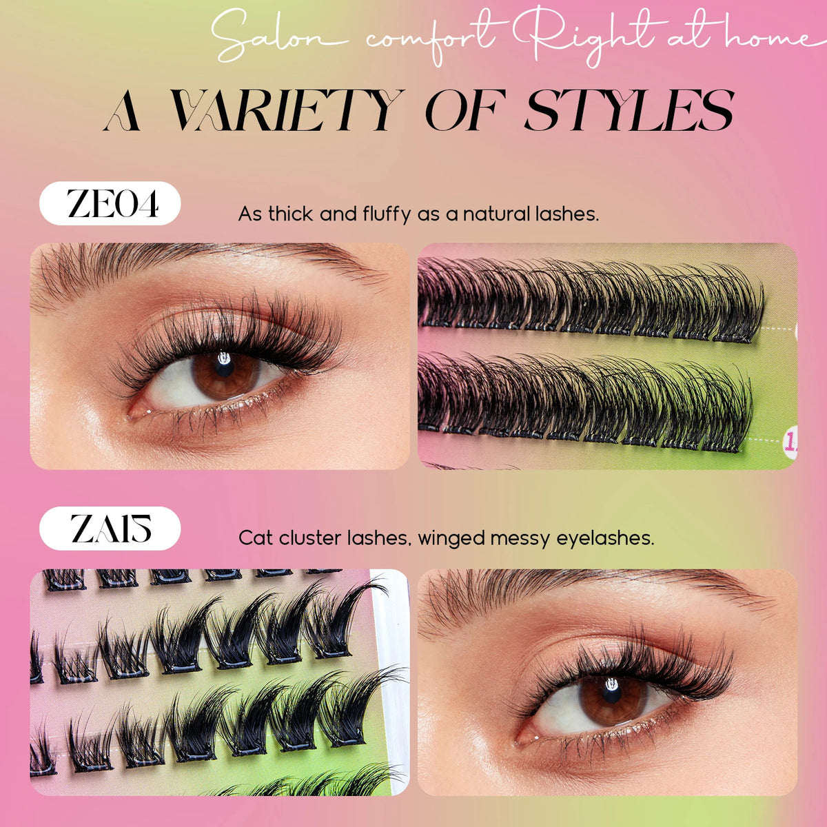 Close-up images showcasing various styles of DIY self-adhesive eyelash extensions on a model's eye.