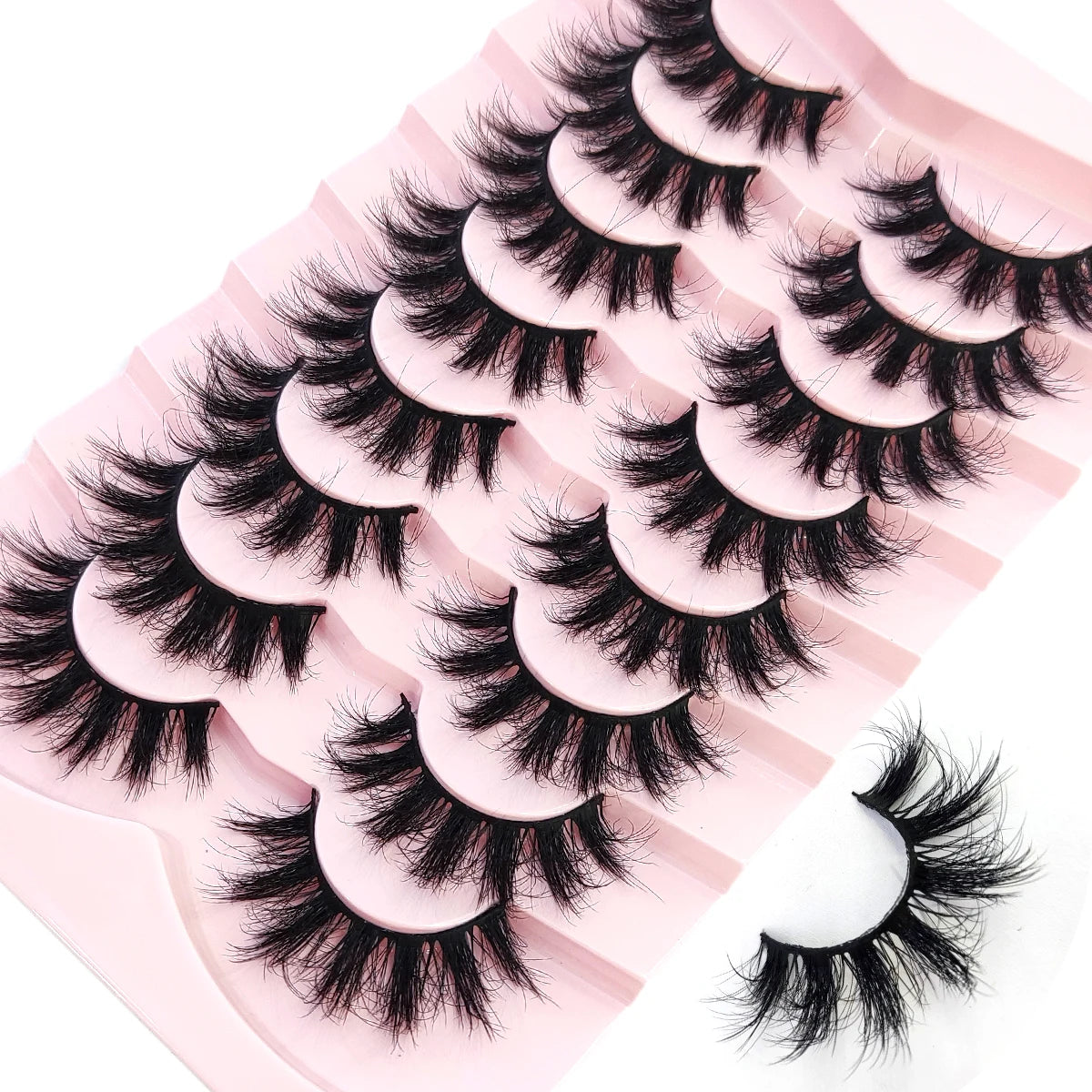 A display of natural mink striped false eyelash extensions in various styles and lengths.