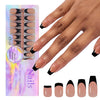A hand displays a set of 150 press-on almond nails in rich coffee black, packaged for sale.