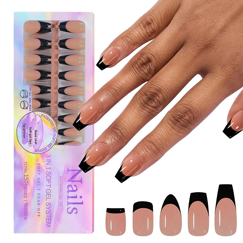 A hand displays a set of 150 press-on almond nails in rich coffee black, packaged for sale.