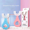 A pink and blue set of kids U-shaped silicone toothbrushes displayed on a white surface.