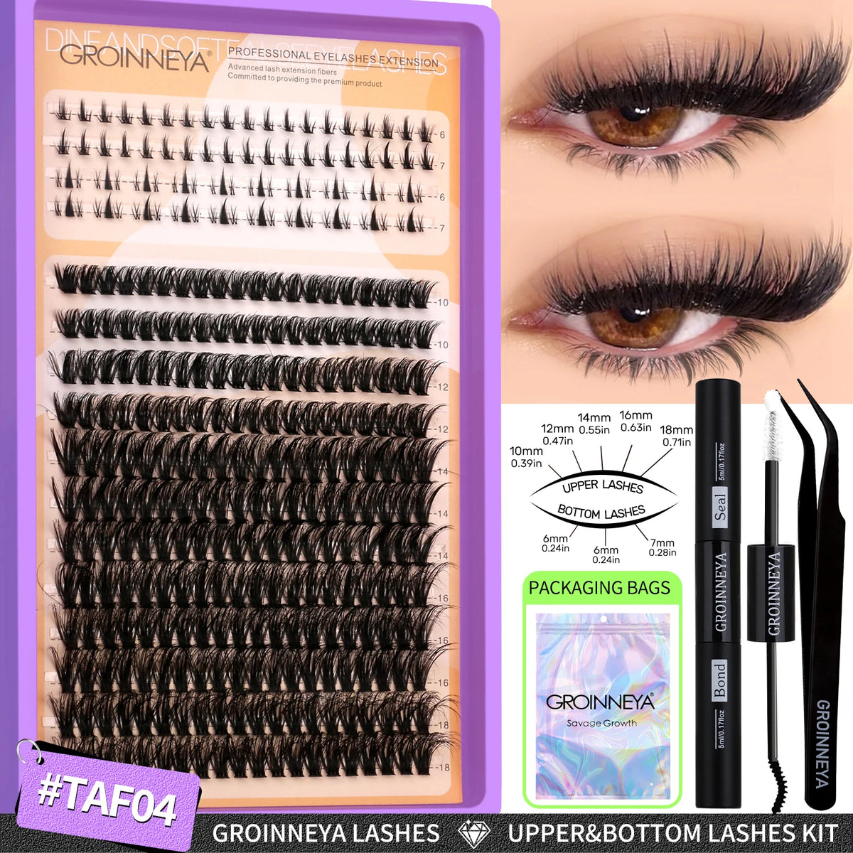 Goinneya lashes kit showing upper and bottom lashes with bond and tweezers