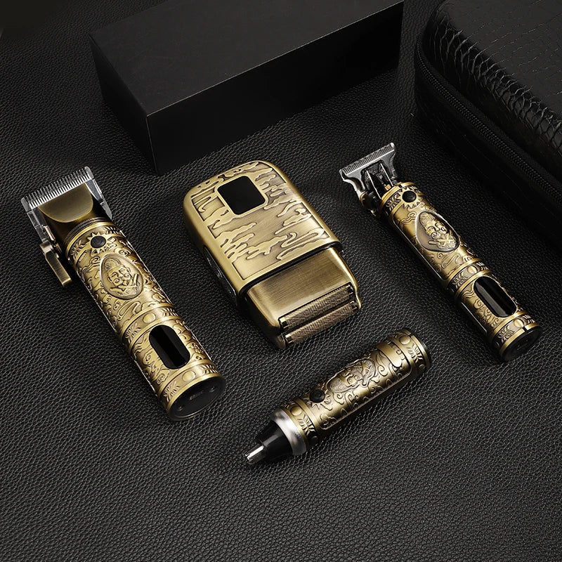 A set of gold-toned multi-function electric grooming tools including a trimmer and a shaver displayed on a dark surface.