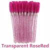 Un paquete de brochas desechables para pestañas de color rojo rosa transparente.