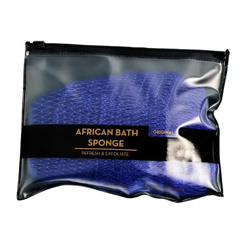 A black pouch containing a blue African bath sponge for refreshing and exfoliating the body.