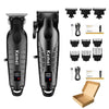 A set of black electric hair and beard trimmers, including various guards and accessories.
