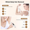 A woman is using an IPL laser hair removal epilator for whole body hair removal, demonstrating auto and manual modes.