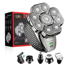 A grooming kit featuring a 6-in-1 electric head shaver with multiple attachments and a box.