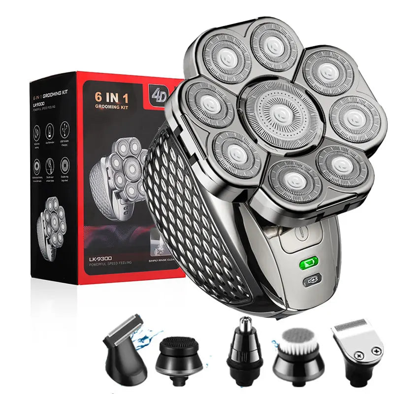 A grooming kit featuring a 6-in-1 electric head shaver with multiple attachments and a box.