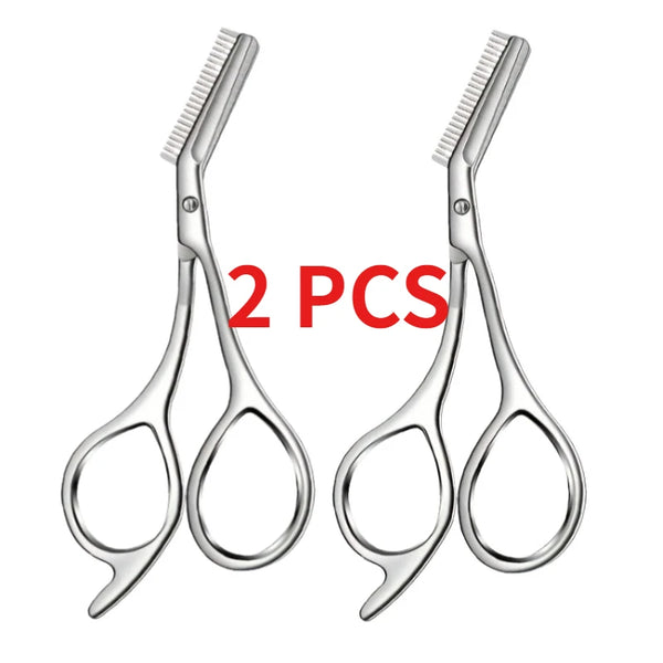 A pair of precision stainless steel eyebrow scissors with a comb shown against a white background.