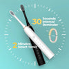 A white sonic electric toothbrush is shown with a timer graphic indicating a 30-second interval reminder for a 2-minute clean