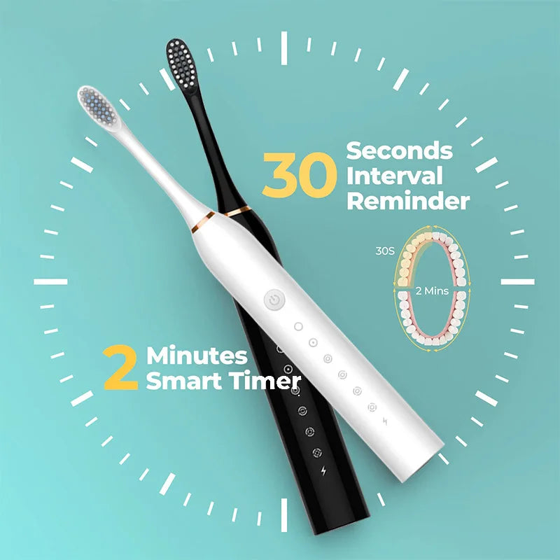 A white electric toothbrush is shown with a timer graphic indicating a 30-second interval reminder for a 2-minute cleaning se