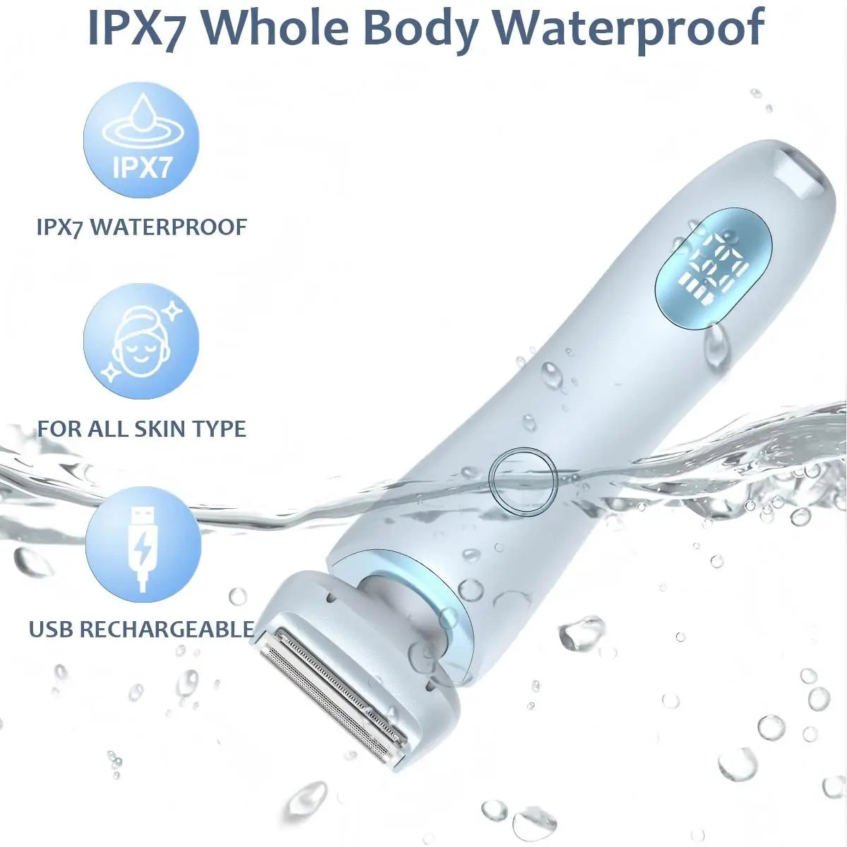 A white electric shaver is shown being used in water, demonstrating its IPX7 waterproof rating.