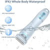 A white electric shaver is shown being used in water, demonstrating its IPX7 waterproof protection.