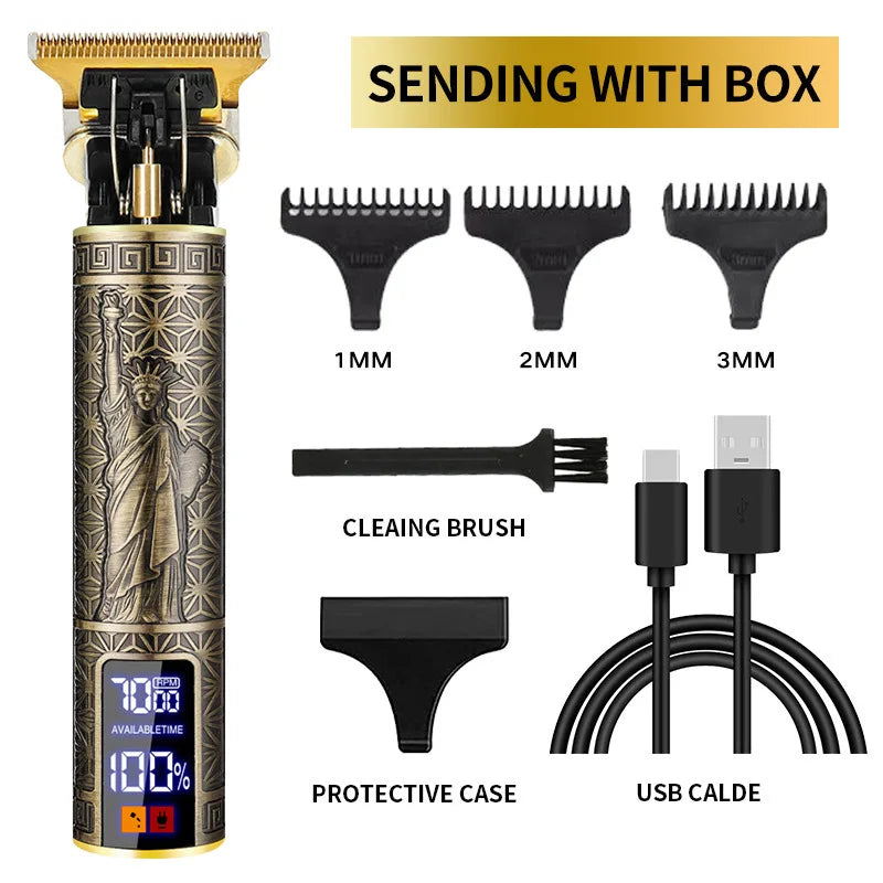 Professional electric hair clipper set including blades, cleaning brush, protective case, and USB cable