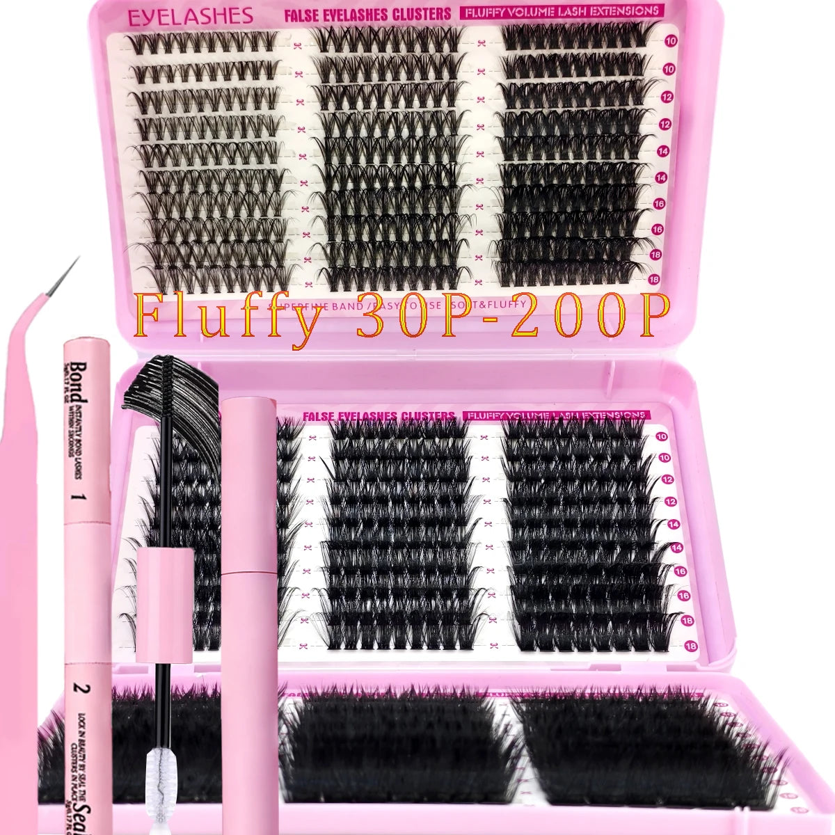 Pink box containing a DIY lash extension kit with false eyelashes clusters and fluffy lash extensions