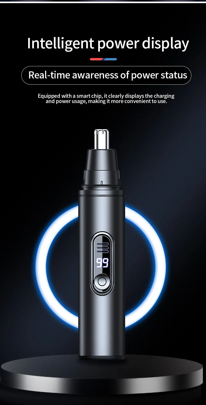 A sleek black nose hair trimmer with an intelligent power display showing 99% charge.