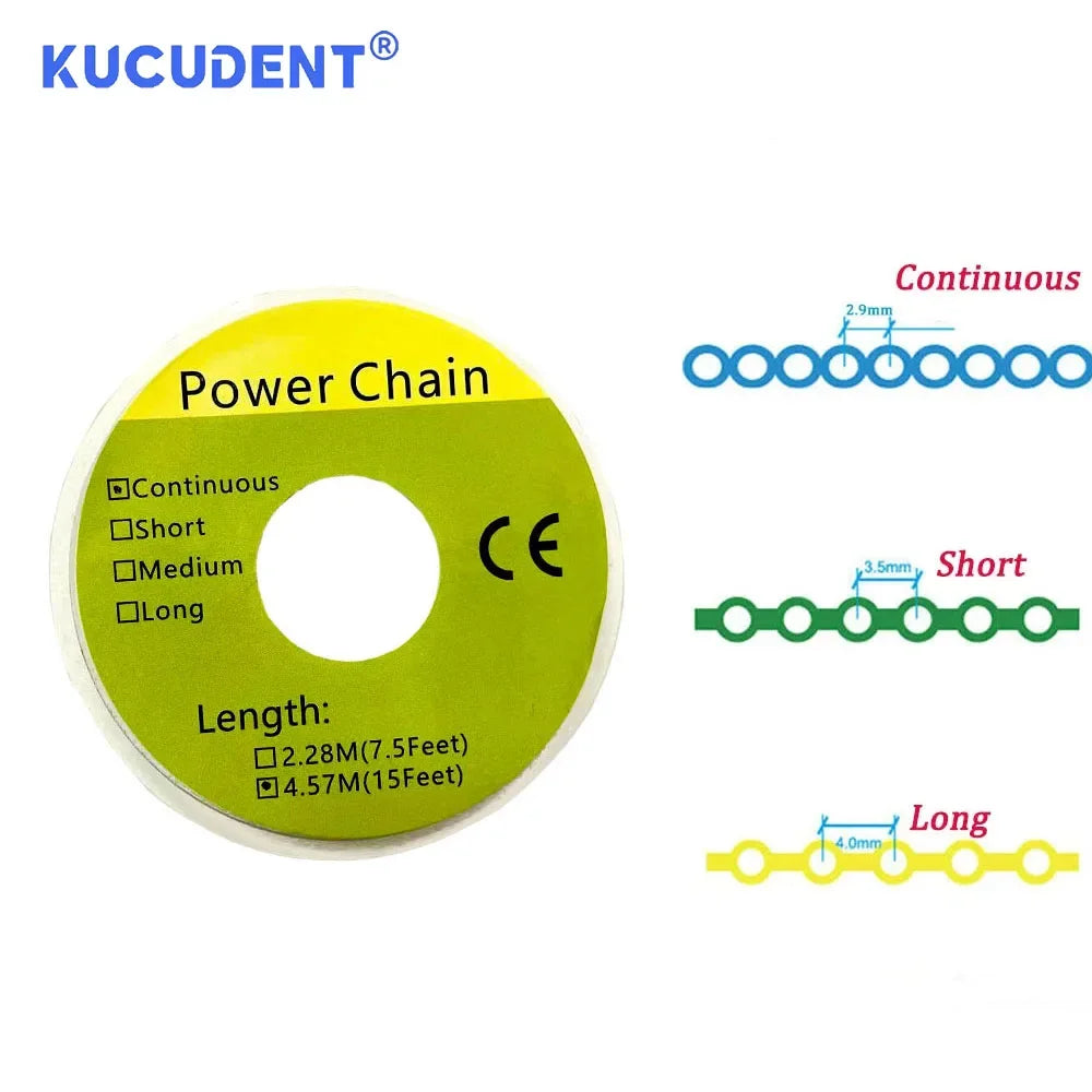 Yellow power chain elastic rubber bands with various lengths and continuous options for dental orthodontics