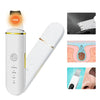 A white ultrasonic facial scrubber and ion cleaning device shown with various usage contexts.