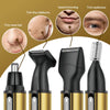 A set of multi-functional electric hair trimmers with gold and black bodies showing various trimming attachments.