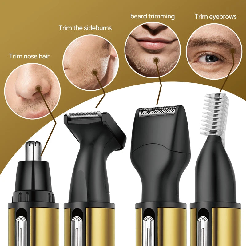 A set of multi-functional electric hair trimmers with gold and black bodies showing various trimming attachments.