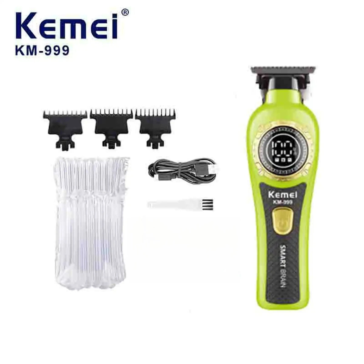 A yellow and black cordless electric hair clipper with a protective cap and a detachable blade is shown.