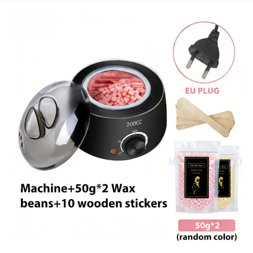Schwarze Wachsheizmaschine mit Glasschale, rosa Wachskörnern, EU-Stecker und Holzstickern.