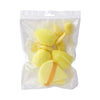 Una bolsa de plástico transparente contiene un juego de doce esponjas de maquillaje amarillas multiusos.