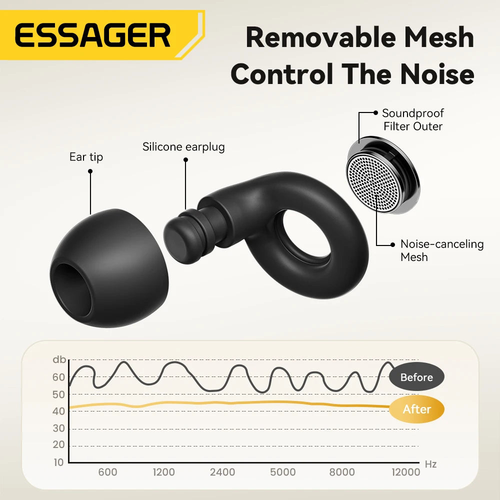 A black silicone earplug and a removable mesh filter shown with a soundproof filter outer for noise control.