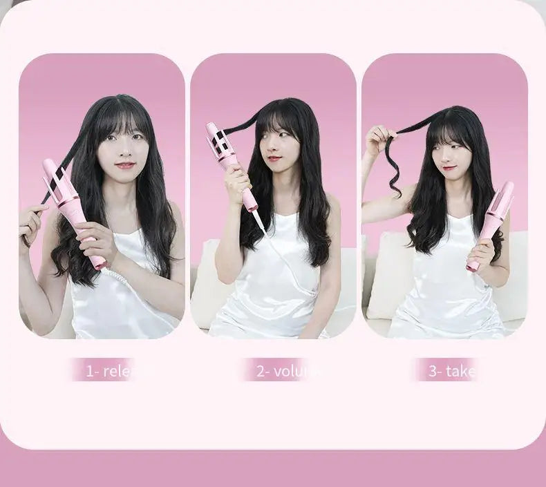 Three panels show a woman using a professional automatic hair curling iron to style her long black hair.