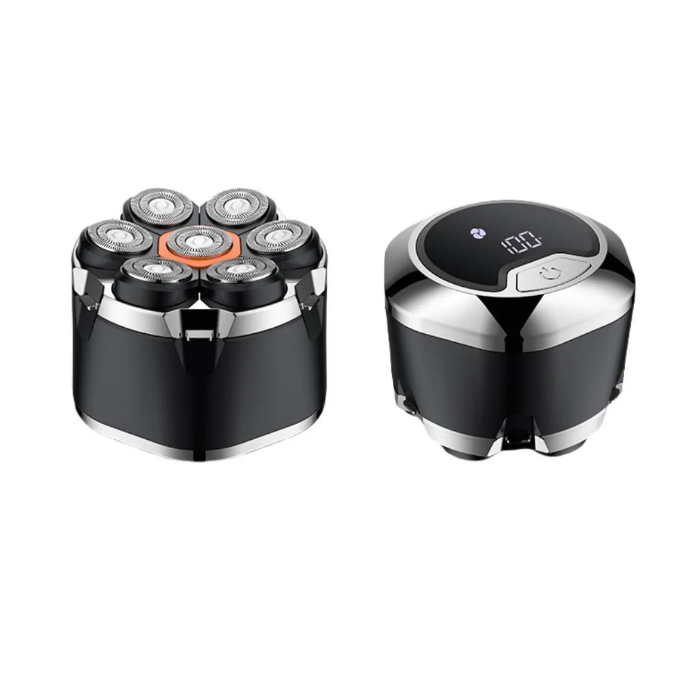 A black precision electric shaver with magnetic charging components visible.
