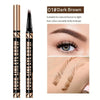 A set of four dark brown liquid eyebrow pencils shown next to a model demonstrating natural brow makeup.