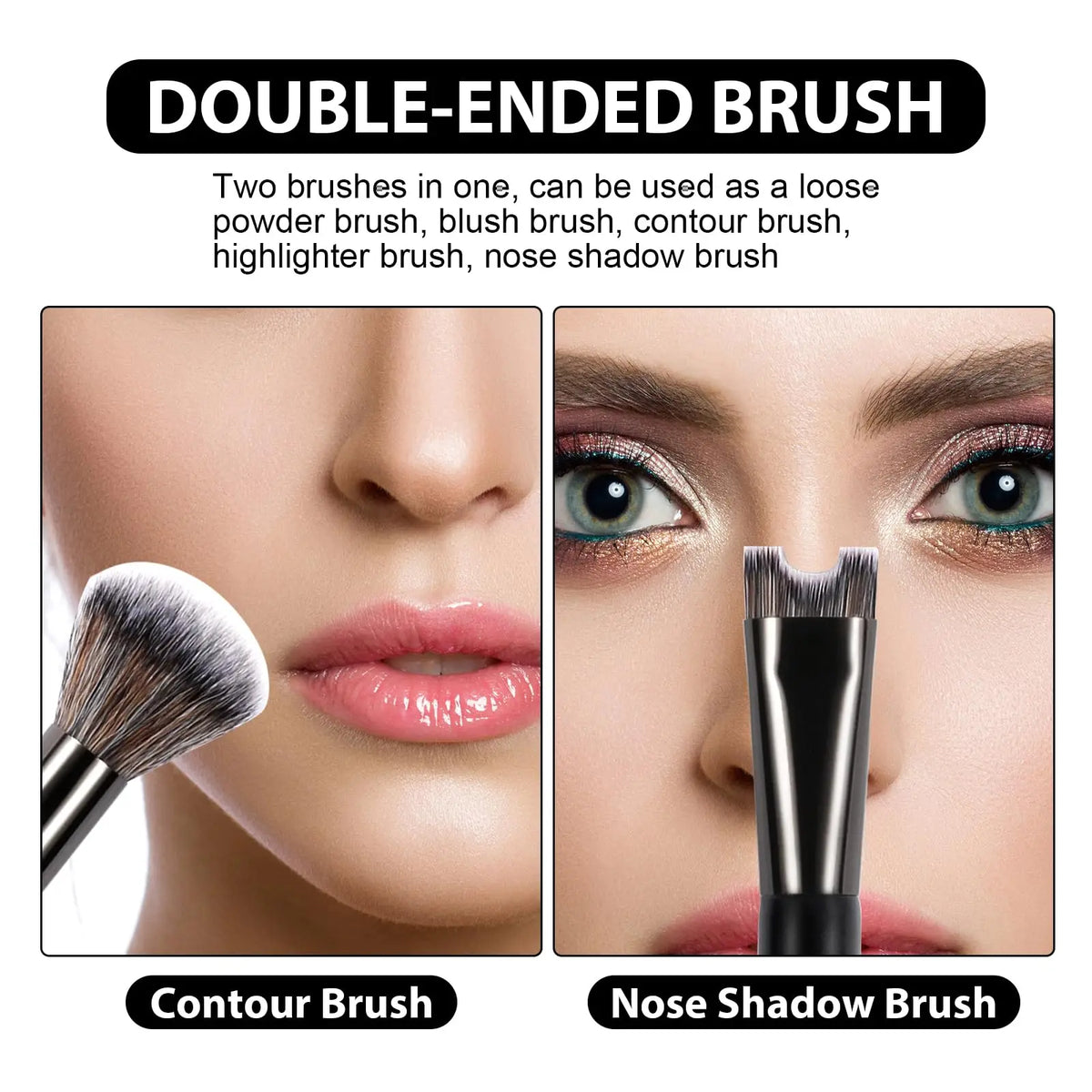 Un set de brochas de maquillaje de doble extremo, incluyendo una brocha de contorno y una brocha para nariz, junto a la cara 