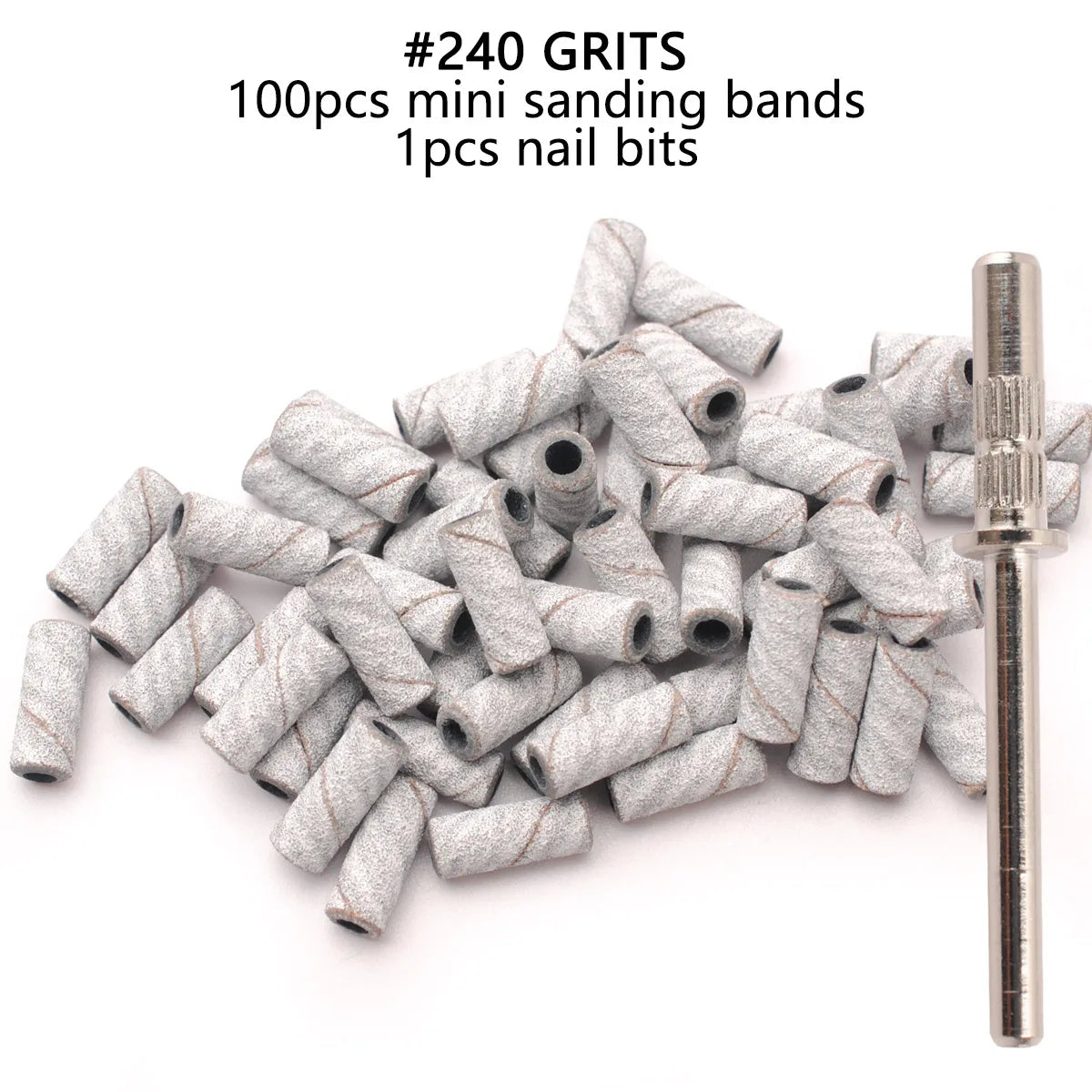 A pile of #240 grits mini sanding bands and nail bits for professional use.