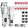 A set of professional cordless hair clipper and trimmer tools with various guard attachments and charging cables.