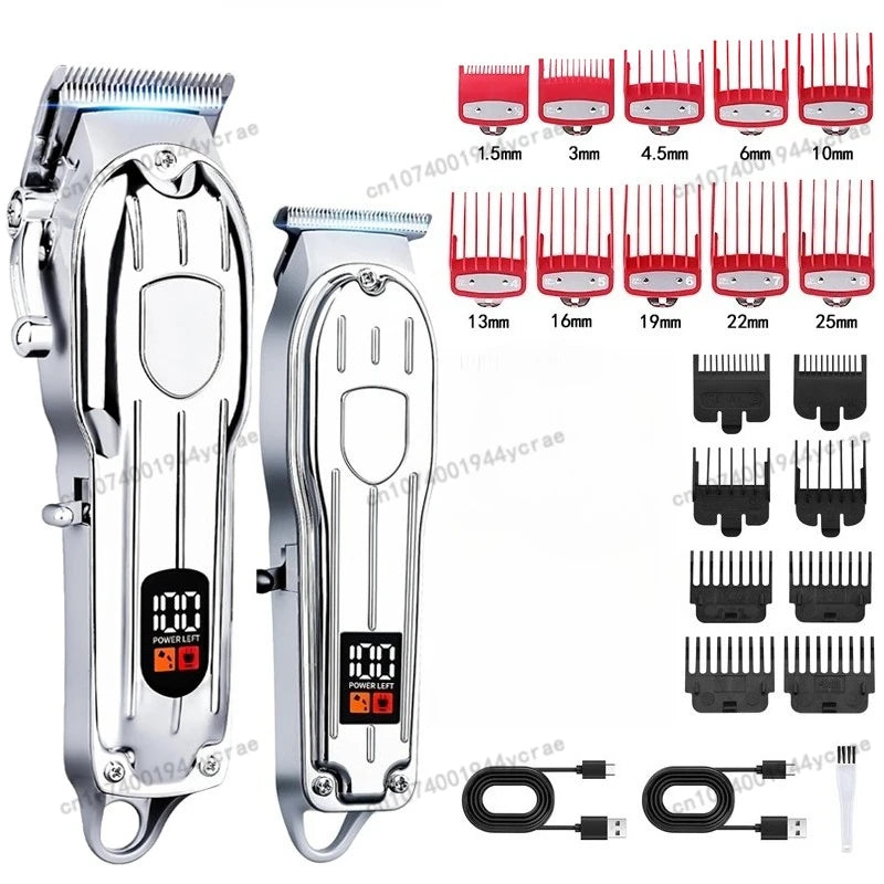 A set of professional cordless hair clipper and trimmer tools with various guard attachments and charging cables.