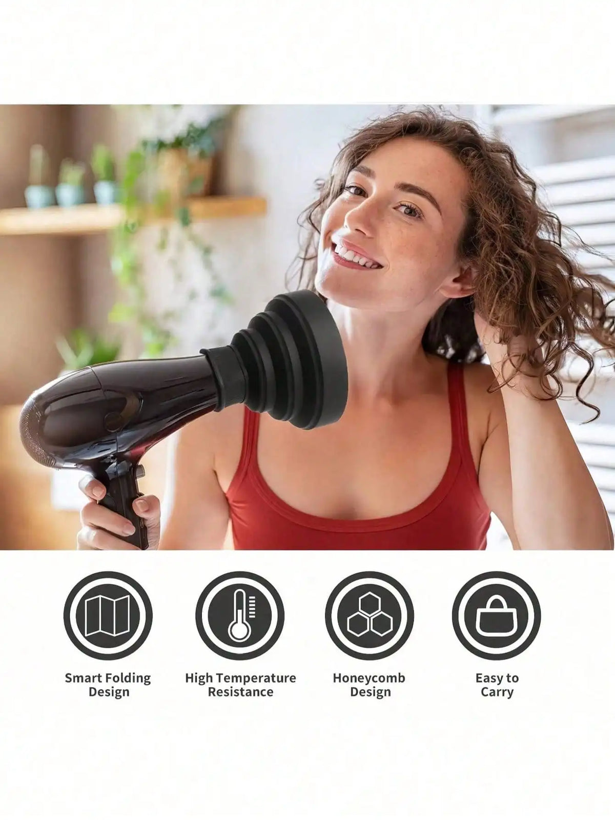 A woman is using a black silicone diffuser cover for a hair dryer in a bright indoor setting.