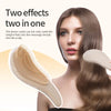 A woman is using a beige detangling scalp massage hairbrush on her long brown hair.